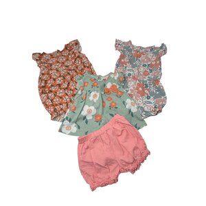 Girl's - 2 Floral Print Outfits, Peach‎ Shorts, Green Floral Shirt - Size 18 M